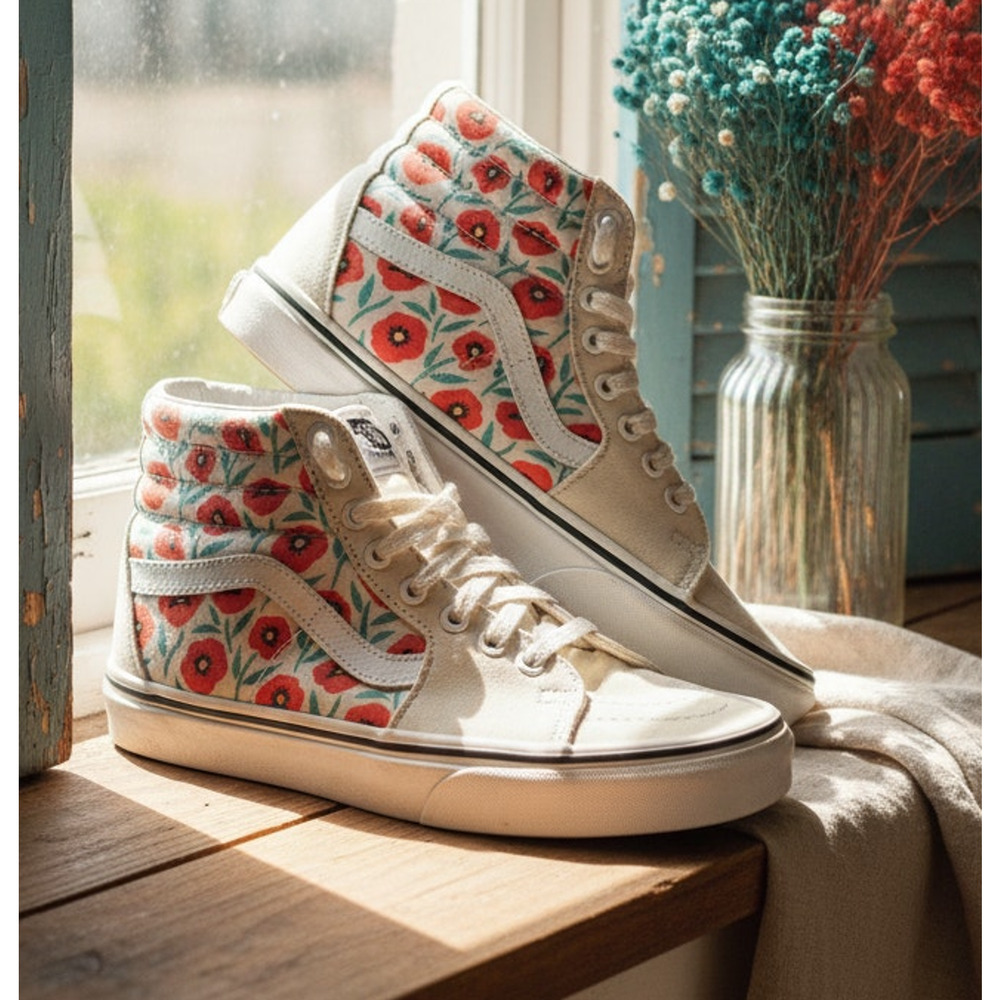Vans Sk8-Hi Womens Sneakers Size 5 White Red Teal Floral High Top Lace Up
